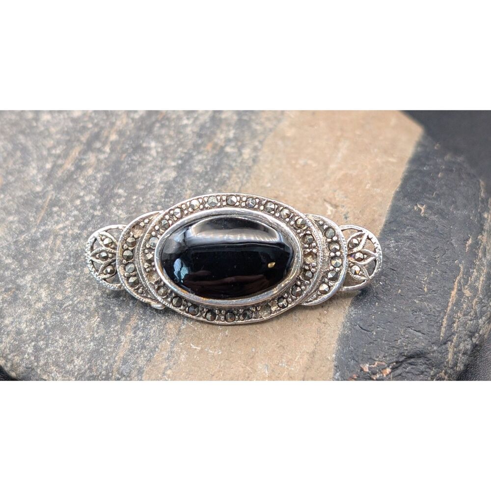 Sterling Silver Onyx Pendant Brooch • 1.5 Inch • 7.5g • Stamped 925